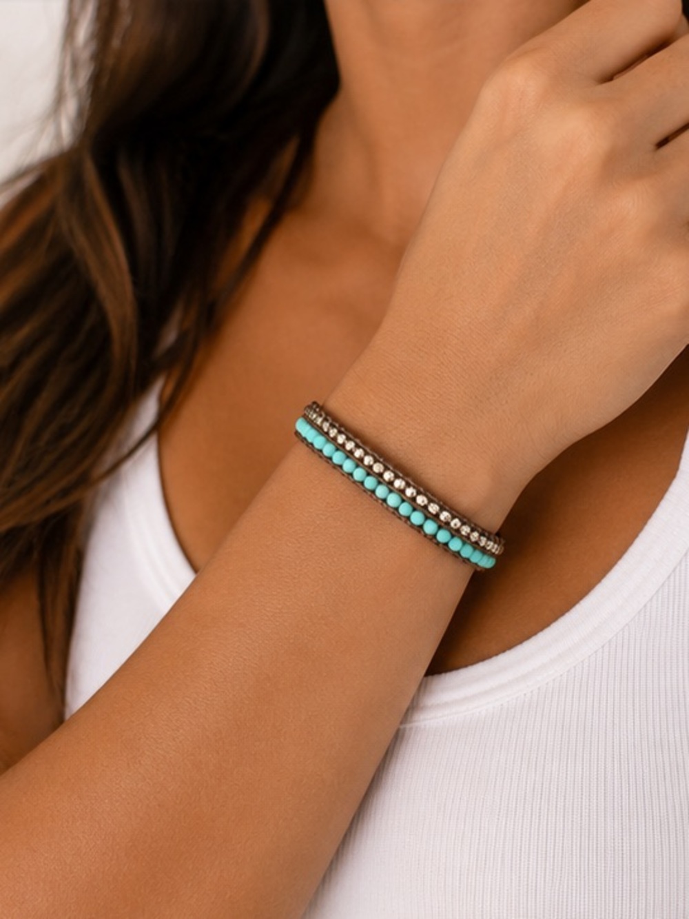 Turquoise Bead Wrap Bracelet with Brown Cord - Women Jewelry